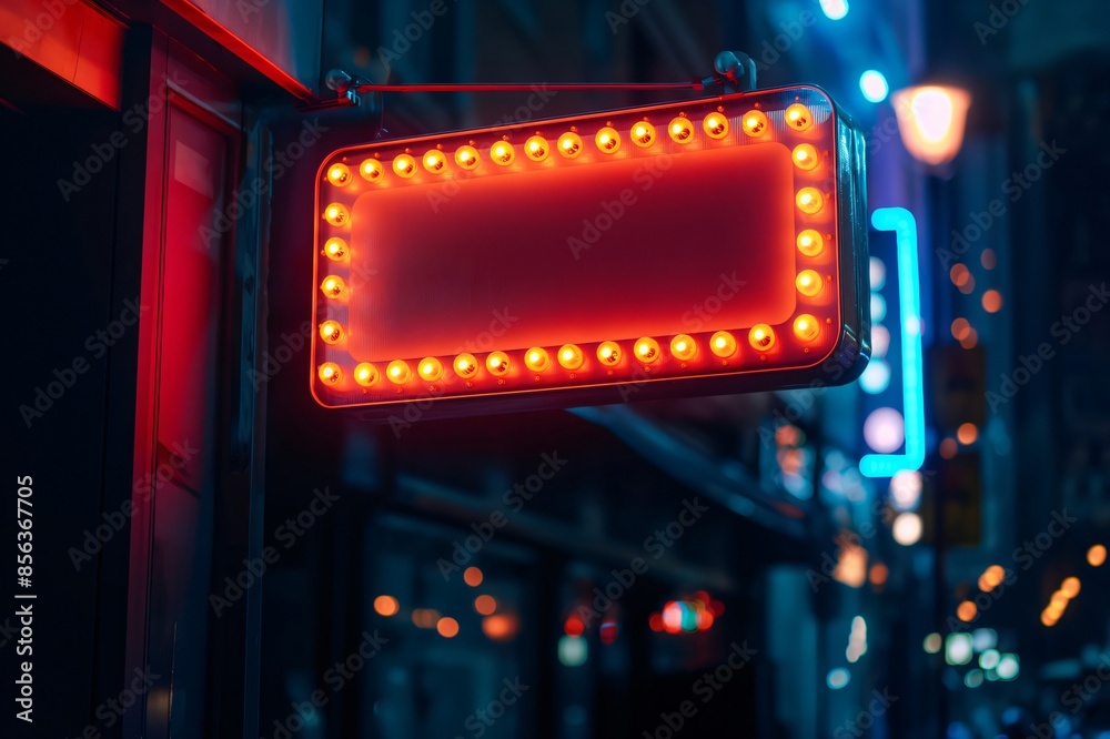 Vibrant mockup of a neon lit street sign, glowing with red bulbs against the nocturnal urban backdrop, space for custom text Vibrant mockup of a neon lit street sign, glowing with red bulbs against the nocturnal urban backdrop, space for custom text