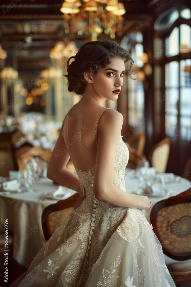 Naklejka premium Beautiful bride in a luxurious restaurant. Vintage style