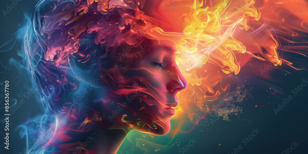 Fototapeta premium Selective focus on a person coping with the world around them. Autistic theme with exploding colours swirling around