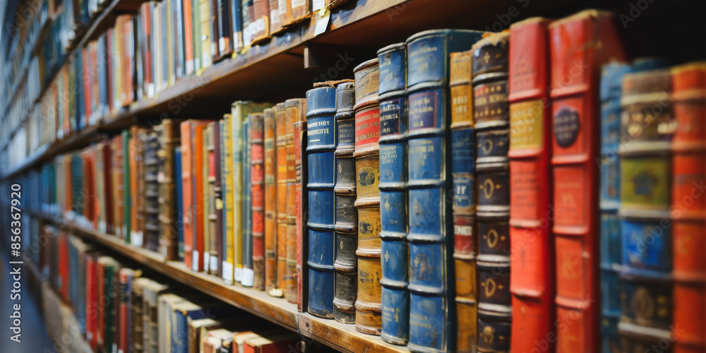 Obraz premium Rows of books on wooden shelves in a library