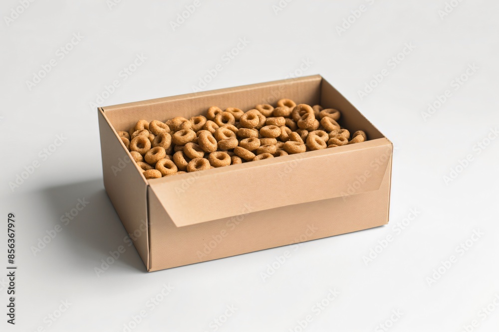 Simple mockup of a cardboard cereal box filled with dry cereal, presented in an uncluttered style against a clean white backdrop Simple mockup of a cardboard cereal box filled with dry cereal, presented in an uncluttered style against a clean white backdrop