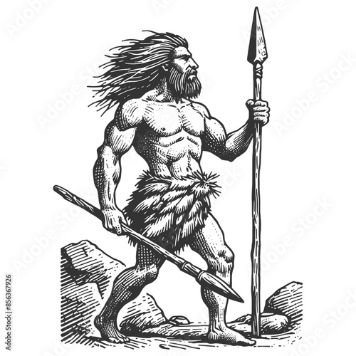 cave prehistoric man with stone hammer sketch engraving generative ai fictional character vector illustration. Scratch board imitation. Black and white image.