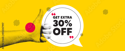 Hand showing thumb up like sign. Get Extra 30 percent off Sale. Discount offer price sign. Special offer symbol. Save 30 percentages. Extra discount chat bubble message. Grain dots hand. Vector