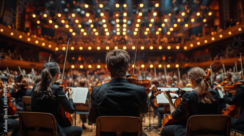  View from behind an orchestra performing in a grand concert hall, with musicians playing string instruments under bright stage lights