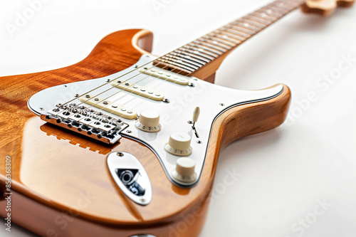 Closeup photo of a modern electric guitar with a sunburst finish, showcasing its strings, pickups, and knobs on a white backdrop