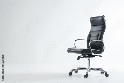 Stylish ergonomic office chair with high back and armrests, showcasing contemporary design, isolated on a white background with copy space