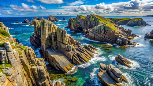 Cape Bonavista featuring coastal slabs of stone boulders and rocks that show their layers of formation over millions of years.  Rocky boulder shoreline in Newfoundland, Canada. photo
