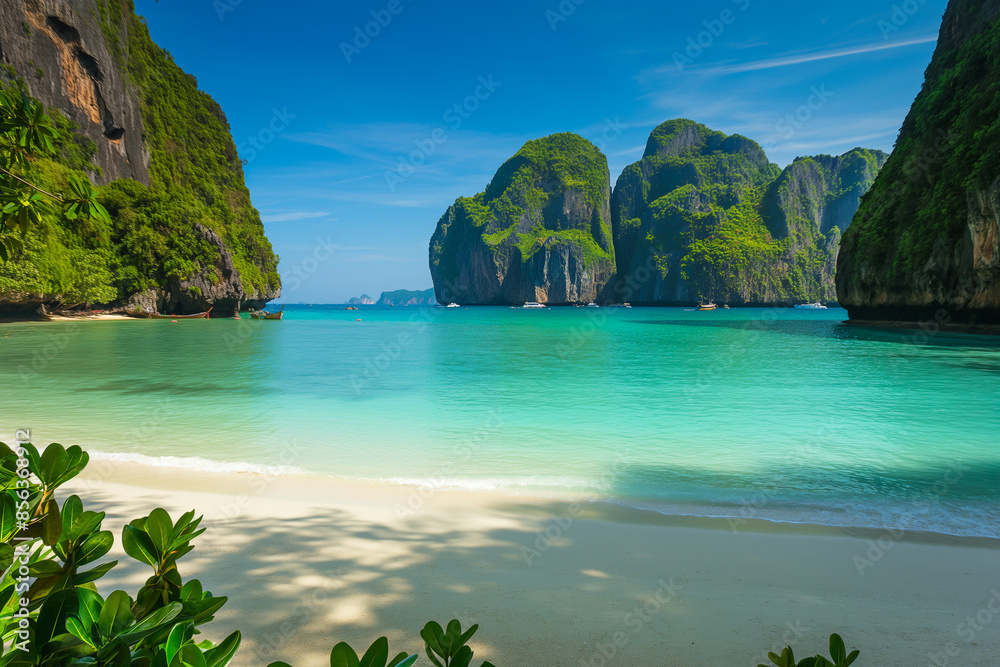 beautiful exotic beach in Thailand with mountains and vegetation sticking out of the water, generative AI