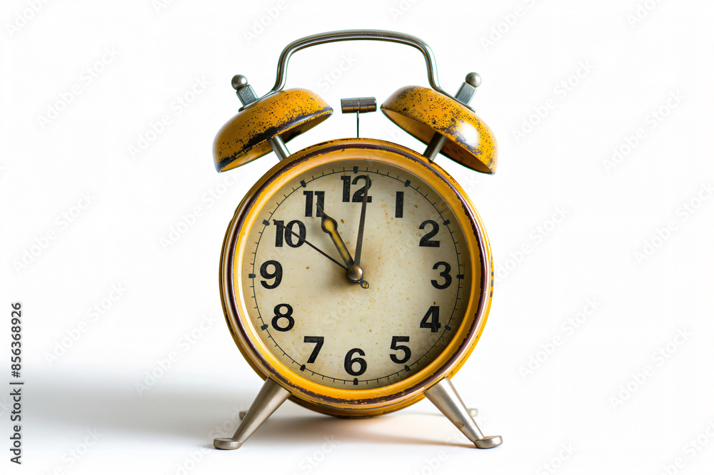 Antique style yellow alarm clock displaying the time, standing isolated on a white backdrop with shadow, facing frontally Antique style yellow alarm clock displaying the time, standing isolated on a white backdrop with shadow, facing frontally