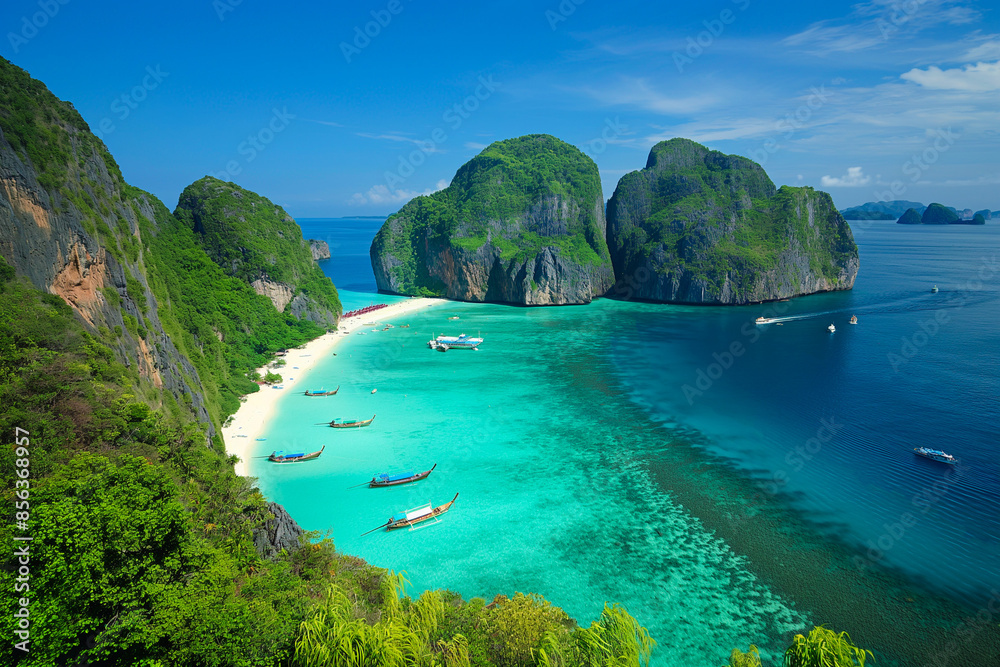 Fototapeta premium boats on a beautiful exotic beach in Thailand with mountains with vegetation sticking out of the water