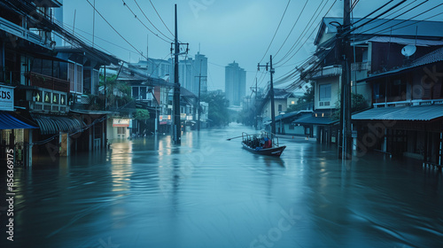 Man rowing a boat through a flooded city street with submerged buildings. Atmospheric photography for urban disaster and survival design photo