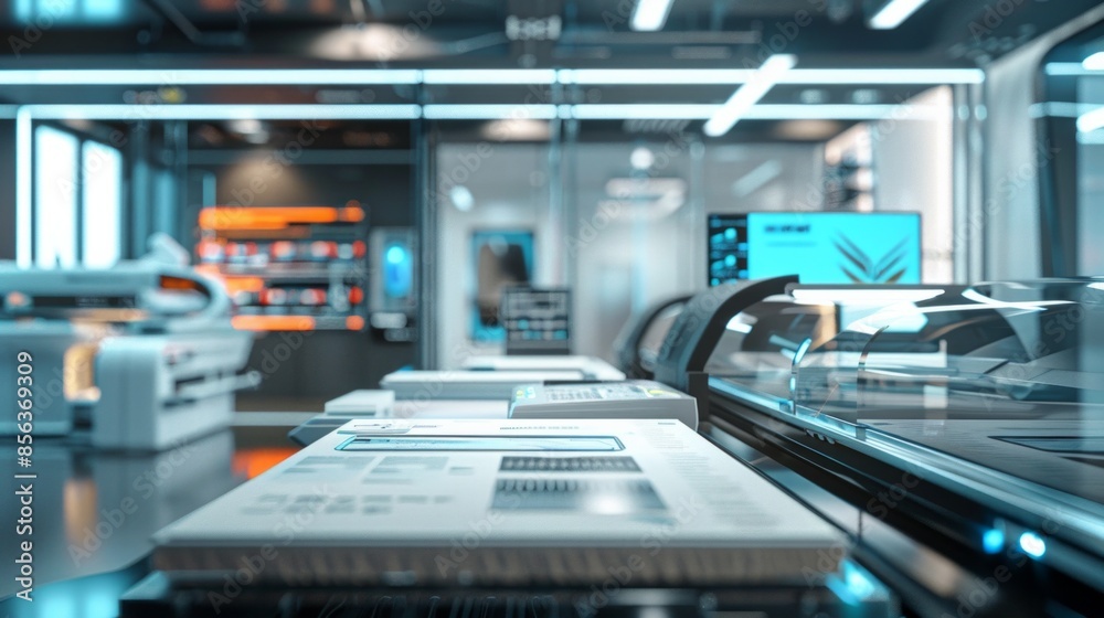 Soft focus of automatic machine folding and sewing booklets on conveyor belt in daytime in print shop Soft focus of automatic machine folding and sewing booklets on conveyor belt in daytime in print shop