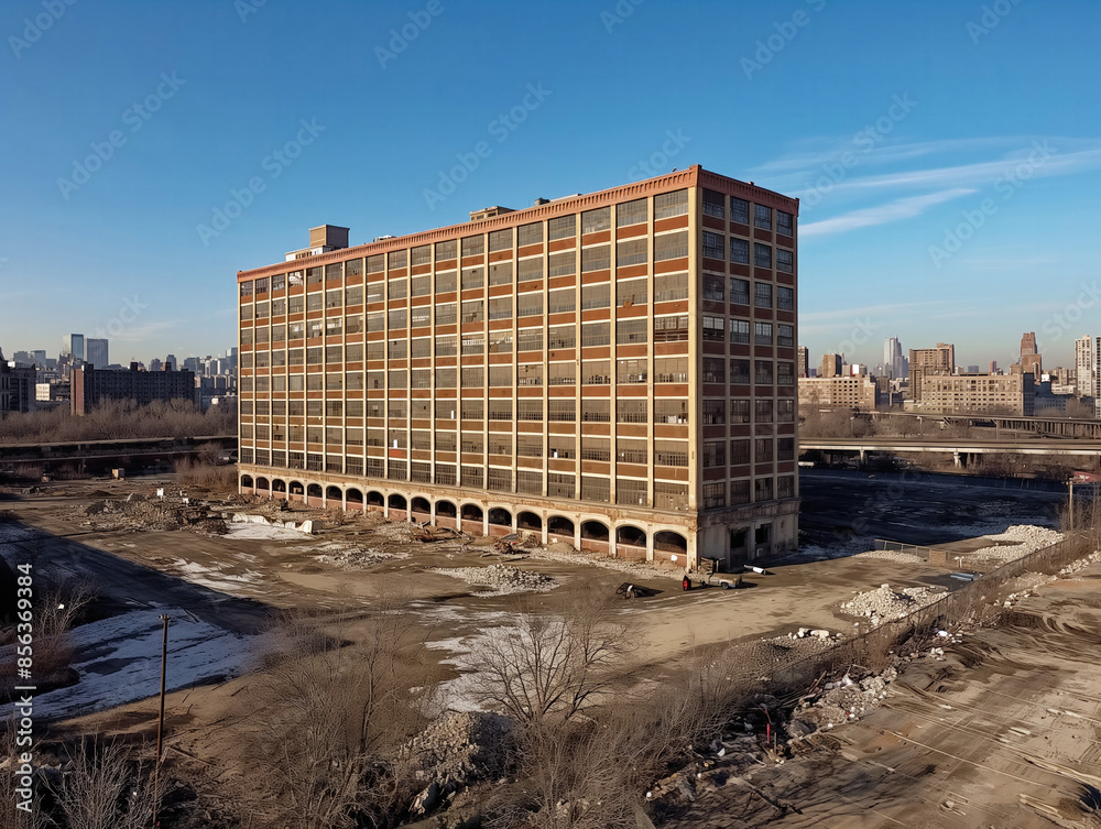 A large building with a lot of windows is in the middle of a city. The building is old and abandoned A large building with a lot of windows is in the middle of a city. The building is old and abandoned
