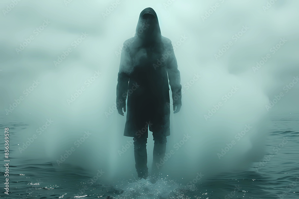 Cloaked in a long hooded coat, a mysterious figure stands silently in ...