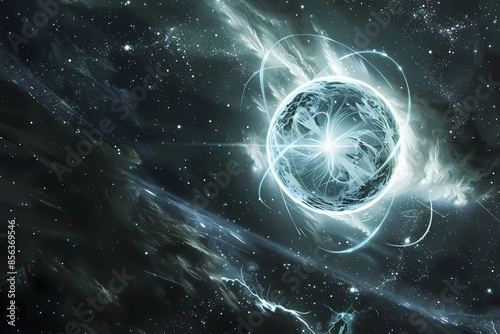 This artistic rendering of a magnetar in space vividly portrays the powerful and enigmatic nature of these celestial bodies, with swirling magnetic fields and radiant energy  photo