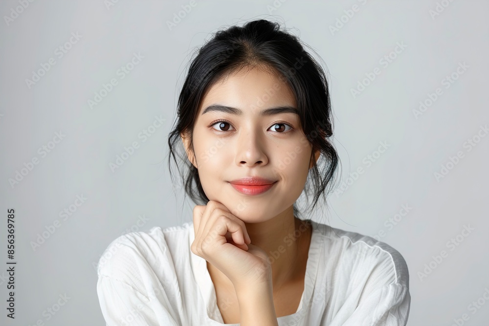 Asian Young Woman in Thoughtful posture with Smiling Face Asian Young Woman in Thoughtful posture with Smiling Face