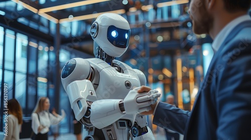A human interacting with a humanoid robot in a modern office environment. 
