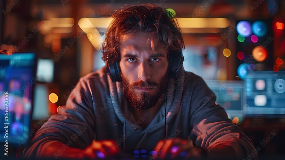 Focused male gamer playing a video game with neon lights and computer screens in the background. 