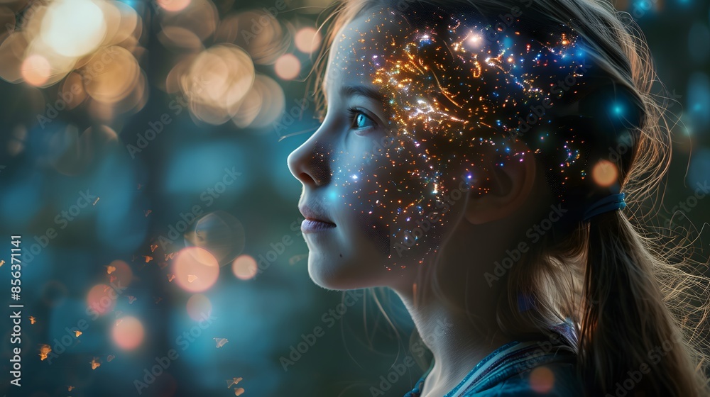 A young girl with a cosmic galaxy effect on her face looks dreamily to the side against a bokeh light background. A young girl with a cosmic galaxy effect on her face looks dreamily to the side against a bokeh light background.