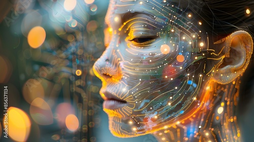 A close-up digital artwork of a woman's face with futuristic glowing circuit patterns overlaying her skin, creating a concept of technology integration with humanity photo