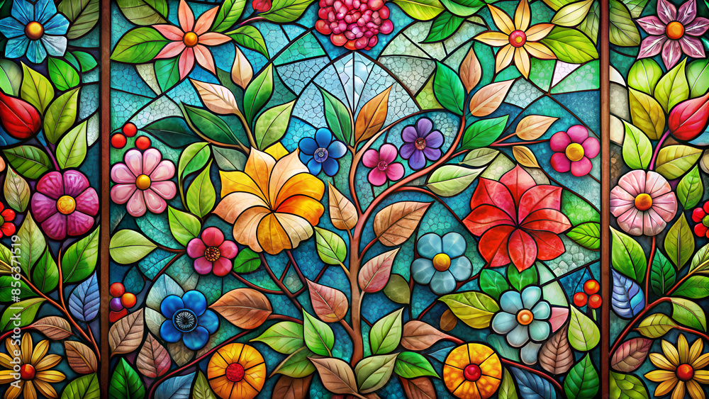 Stained glass window background with colorful Flower and Leaf abstract. Stained glass window background with colorful Flower and Leaf abstract.