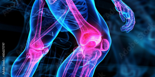 A Digital X-Ray of a Human Knee With Bone Structure and Inflammation Highlighted