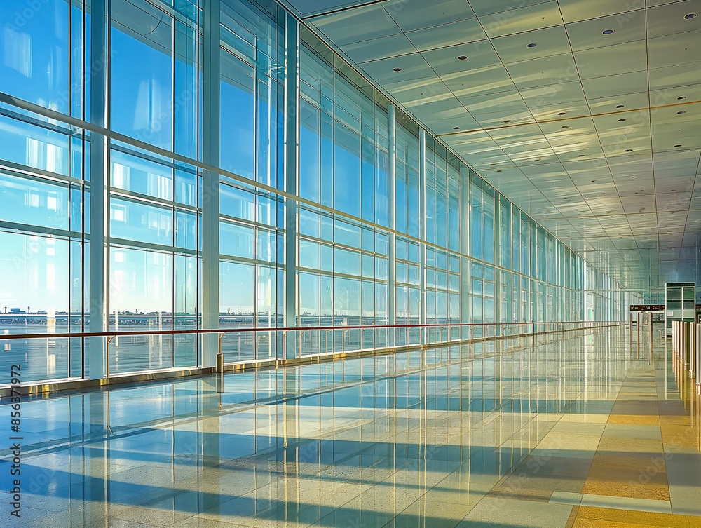 A large, empty airport terminal with a lot of windows. The windows are clear and reflect the sunlight A large, empty airport terminal with a lot of windows. The windows are clear and reflect the sunlight