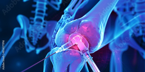 A Digital Anatomy Illustration of a Knee Joint Receiving a Medical Injection