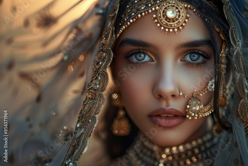 Close-up portrait of a beautiful Indian girl in traditional dress with beautiful eyes 