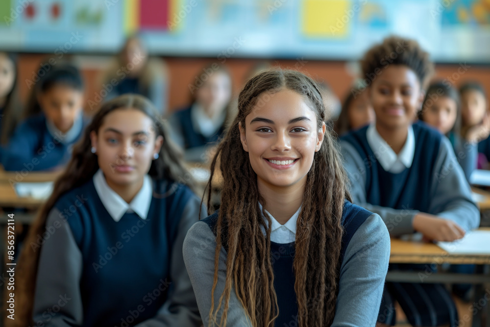 group of students in classroom, blue and grey uniforms, smiling looking into camera