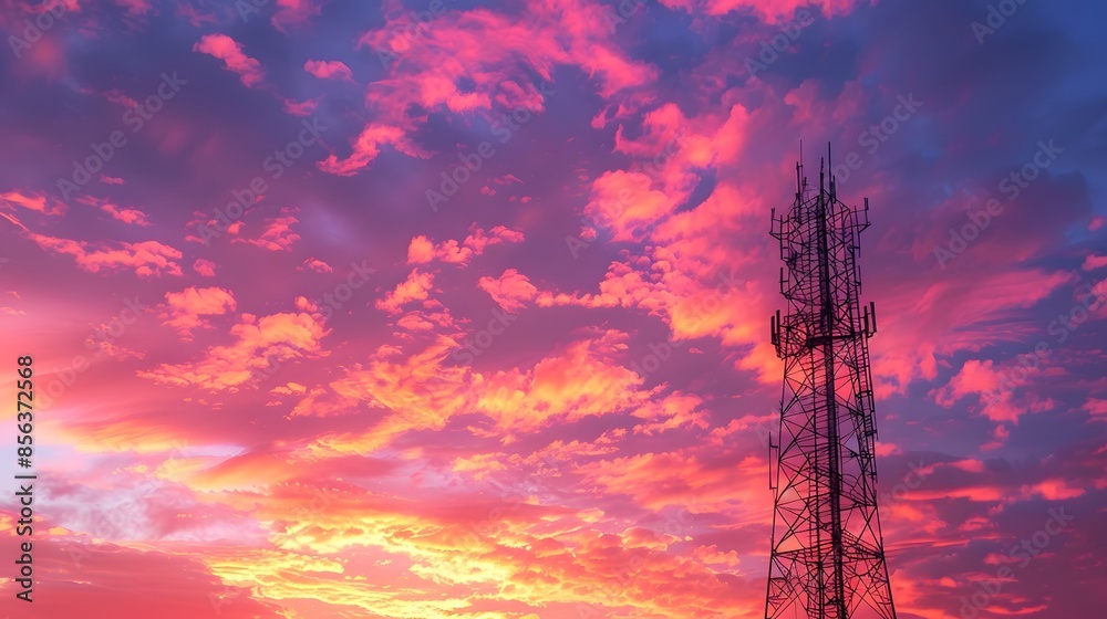 A tall telecommunications tower set against a vibrant backdrop of a sunset or sunrise. The sky is painted in hues of pink, purple, and orange, with scattered clouds illuminated by the golden rays A tall telecommunications tower set against a vibrant backdrop of a sunset or sunrise. The sky is painted in hues of pink, purple, and orange, with scattered clouds illuminated by the golden rays