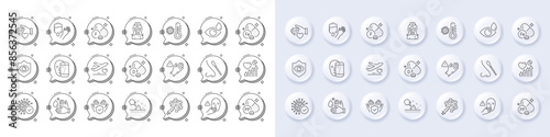 Medical flight, Coronavirus vaccine and Heart beat line icons. White pin 3d buttons, chat bubbles icons. Pack of Eye protection, Niacin, Thermometer icon. Vector