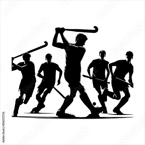 Silhouette Field Hockey Sport Male Players Action, vector black color silhouette 