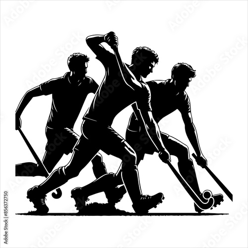 Silhouette Field Hockey Sport Male Players Action, vector black color silhouette 