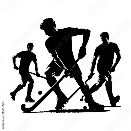Silhouette Field Hockey Sport Male Players Action, vector black color silhouette 