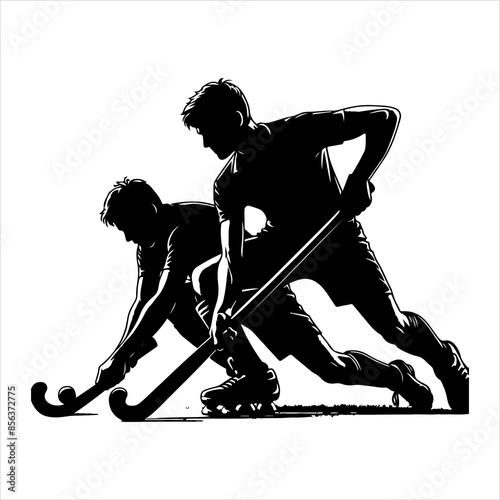 Silhouette Field Hockey Sport Male Players Action, vector black color silhouette 