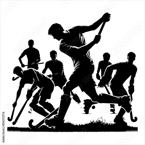 Silhouette Field Hockey Sport Male Players Action, vector black color silhouette 
