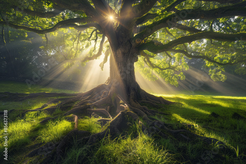 Sunlight shines through the spreading branches of a large deciduous tree with large roots in a meadow
