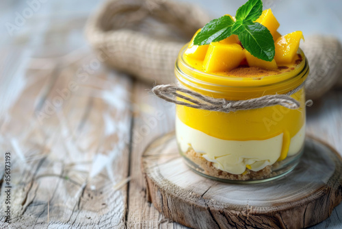 Sweet homemade dessert with mango, cream and cheese in a glass on a wooden podium and wooden table close-up with space for text or inscriptions
