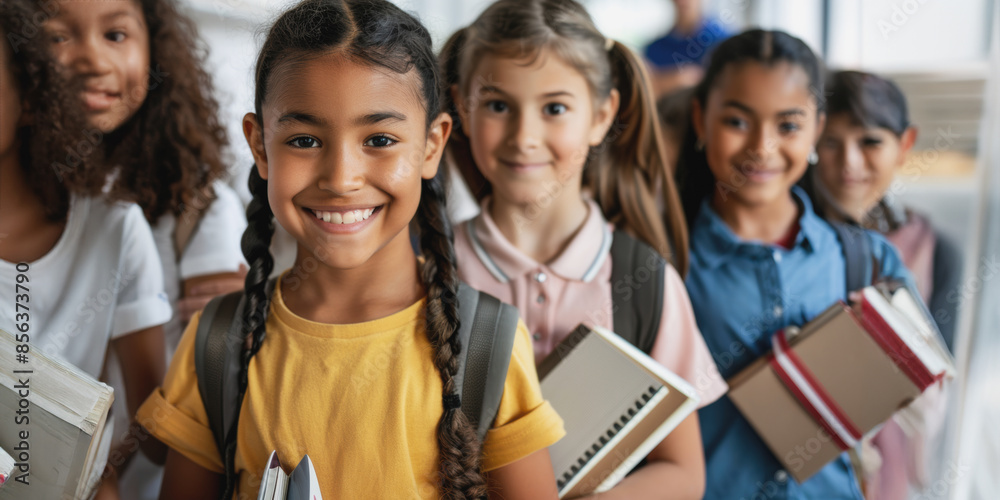 Cheerful diverse schoolchildren walking in a hallway together Cheerful diverse schoolchildren walking in a hallway together