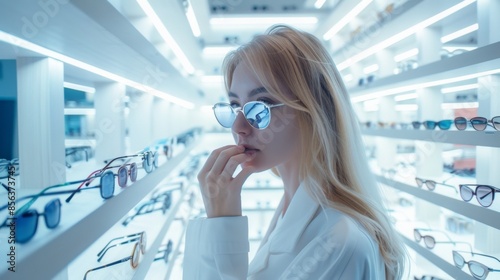 Beautiful and fashionable woman choosing eyeglasses frame in modern optical store. photo