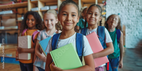 Cheerful diverse schoolchildren holding books in classroom