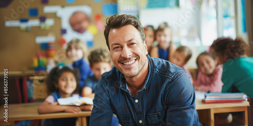 Smiling male elementary school teacher in a classroom