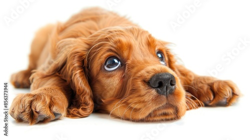 Lonely puppy of Cocker Spaniel gazing upwards while lying down on a white background