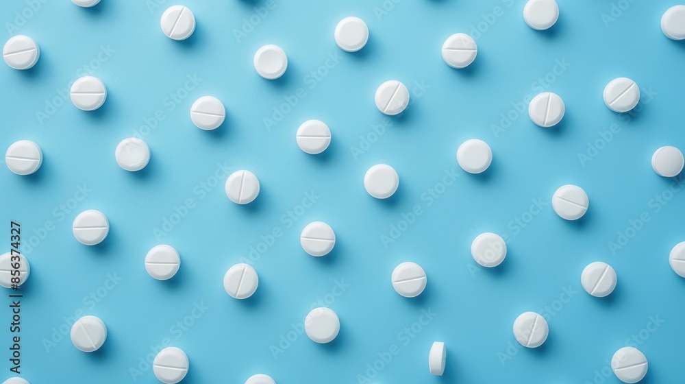 Top view of white round pills on blue background Concept of medical pharmacy Top view of white round pills on blue background Concept of medical pharmacy