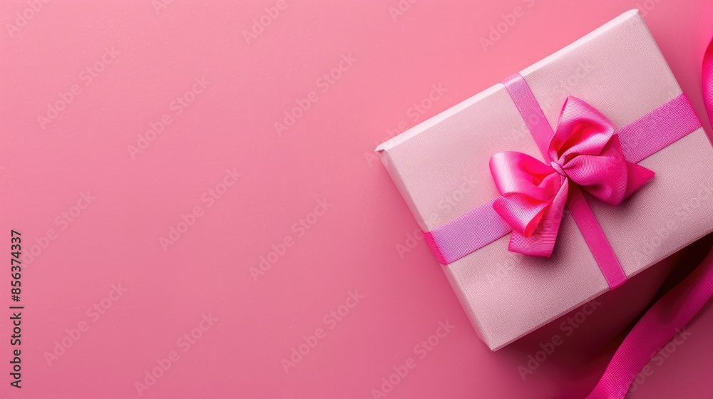 Pink background with gift box and bow viewed from top Space for text