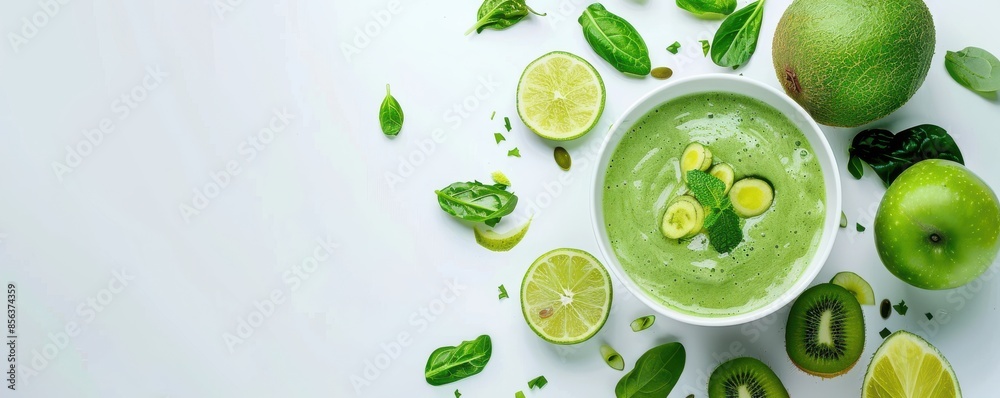 A white background with a variety of green fruits and vegetables, including apples, kiwis, and limes. Free copy space for text. A white background with a variety of green fruits and vegetables, including apples, kiwis, and limes. Free copy space for text.