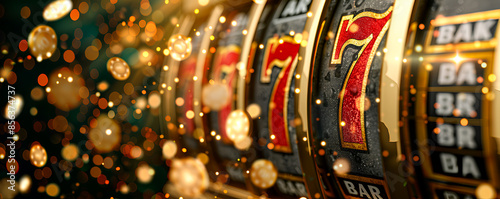 A close up of a slot machine with the lucky sevens showing and coins falling in front of the reels