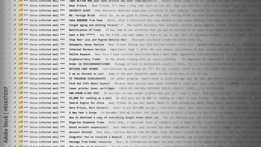 Browsing an email inbox full of messages containing viruses. Front shot, linear scroll down motion. This mock-up is entirely original, with every element created by me.
