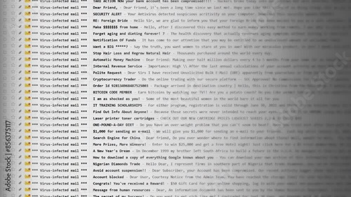 Browsing an email inbox full of messages containing viruses. Front shot, linear scroll down motion. This mock-up is entirely original, with every element created by me.
